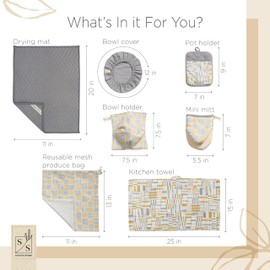Stitch & Stone Welcome Home Kitchen Set - Multi Use with Quilted Pot Holder, Mitt, & Bowl Trivet, Cotton Kitchen Towel, Mat for Dish Drying, Hanging Towel, & Bowl Cover - Grey and Mustard Line