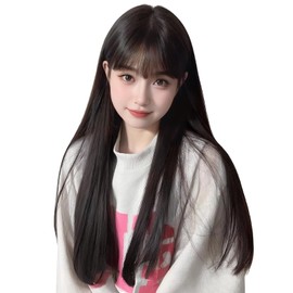 Hawkko ウィッグ ロング ストレート フルウィッグ ウィッグ 女装 かつら 黒髪 レディーズ ロングウィッグ カツラ ロリータ コスプレ 自然 ぱっつん前髪 原宿 ハロウィーン 可愛い 小顔 人気 耐熱 wig 原宿系 ロングヘアー ファッション ネット/櫛付き（黒茶色）