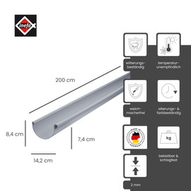 Inefa semi-circular gutter 200 cm plastic box gutter for roof, box roof gutter, plastic gutter for garden shed, greenhouse semi-circular