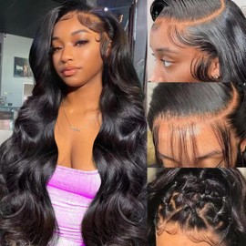 BOXIUBUT 250% Density 13x6 HD Lace Front Wigs Human hair Pre Plucked Brazilian Body Wave Full Frontal Wigs 13x6 Human Hair with Baby Hair Natural Hairline Natural Black Color