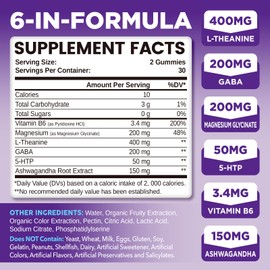 Liposomal L-Theanine Gummies for Adults & Kids, L Theanine 400mg/200mg Supplement with GABA, 5-HTP, Magnesium, Ashwagandha & Vitamin B6 for Focus, Relaxation & Zzz, Sugar-Free, Vegan, 60 Chewable