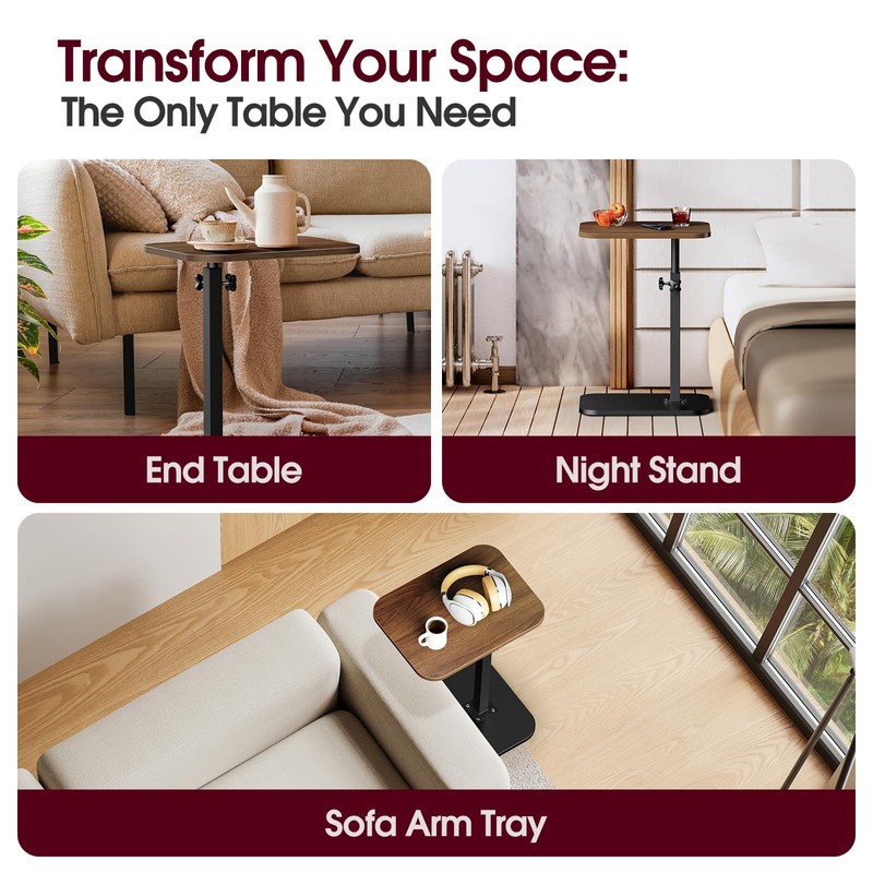 End Table C-Shaped Adjustable Pedestal Side Table Night Stand with