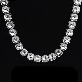 BOLFFU Iced Out 12 mm Square Diamond Tennis Chain with Cuban Links, Micro Pavé Necklace with Cubic Zirconia Rhinestones for Men and Women (76 cm), Alloy + Cubic Zirconia Crystal, Agate