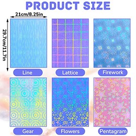 36 Sheets Holographic Sticker Paper Clear A4 Vinyl Sticker Paper Self Adhesive Waterproof Transparent Film Gem Rainbow Star Patterns, 11.7 x 8.3 Inch (Line,Lattice,Firework,Gear,Flower,Pentagram)