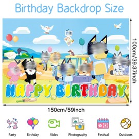 Birthday Backdrop, Blue Dog Theme Happy Birthday Backdrop Photo Booth Background Banner, Large FabricBirthday Party Supplies for Boys Girls Birthday Party decorations(2)