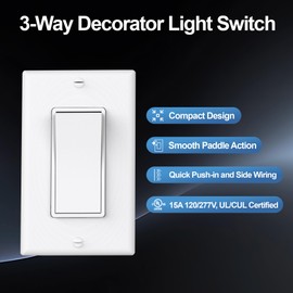 Thunderway Light Switch with Wall Plates- 3-Way Decorator Electrical On/Off Paddle Rocker Switches, Grounding Screw, 15A 120/277 V, UL Listed, Residential Grade, Glossy White(10 Pack)