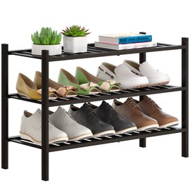 FILWH Bamboo Shoe Rack Stackable Shoe Shelf Storage Organizer for Unit Entryway Hallway and Closet Sturdy Freestanding Shoe Shelf(3 Tier Black)