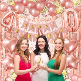 ZERODECO Rose Gold Birthday Party Decorations 40th, Happy Birthday Banner 40th Theme Banner Fringe Curtain 40 Garland Heart Star Foil Confetti Balloons for Women Girls Queen Princess Birthday Party