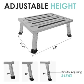 DEPSUNNY Adjustable Height Aluminum RV Step, Stable Foldable Platform Step Stool, Supports Up to 1,000 lb, Non-Slip Rubber Feet and Platform Mat, Easy to Carry (Silver)