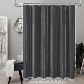 BTTN Boho Farmhouse Shower Curtain - Linen blend Rustic Striped Fabric Shower Curtain Set with Tassel, Water Repellent, Bohemian Vintage Country Cloth Shower Curtain for Bathroom, Charcoal Grey, 72x72