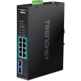 TRENDnet 10-Port Industrial Gigabit PoE+ Switch, WideTemperature Range -20° – 65°C (-4° – 149°F), DIN Rail Switch, 50-55V DC, 8 x Gigabit PoE+ Ports, 2 x Gigabit SFP Slots, TI-PGM102, Black