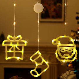 Lewondr 3Pcs Christmas Window Lights, Christmas Decoration Lights Gift & Socks & Christmas Santa Shapes with Battery Powered, Suction Cup Hook, Timer for Xmas, Home, Party, Warm Light