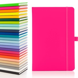 Notes London Eco A5 Notebook with Lined Pages, Pen Loop, Ribbon, Date Marks and Paper Pocket, Medium Hardback Journal, Note, fluorescent, sustainably sourced paper (Neon Pink)