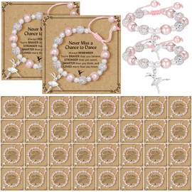 Equsion 24 Sets Dance Recital Team Gifts Bulk for Bracelet Pink Dancing Adjustable Ballet Stuff Ballerina Bracelet with Card for International Dance Day Dancing Competition Prizes Gifts(Cute Style)