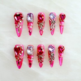 [GLORS] Luxury Press-On Nails, Pink Glitter False Nails with Rhinestones and Pearl Chain in Long Stiletto, 10 Pieces (M, LS)