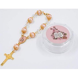 SUSIE'S GARDEN 12 Baby Pink Bible Rosary Beads Beaded Pink and Gold Catholic Christian Crucifix Cross Pearl Bracelet Baptism Favors Recuerdos De Bautizo Communion Car. c