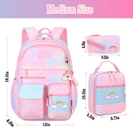 TLTUCI 3pcs Girls Backpack,Cute Rainbow School Backpack for Kids Children with Insulated Lunch Box Pencil Case Set (Pink-Medium 16.5in)