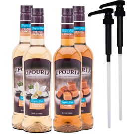 Upouria Coffee Syrup Variety Pack, 2 of each - Sugar Free French Vanilla and Sugar Free Caramel, 100% Vegan, Gluten-Free, 750ml Bottles (Pack of 4) with 2 Syrup Pumps