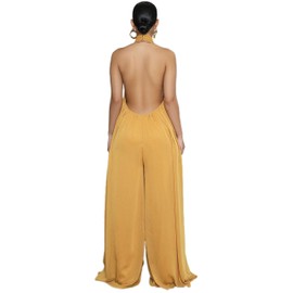 CHARTOU Women's Elegant Loose Fit Chiffon Halter Neck Backless Wide Leg Jumpsuit (Large,Yellow)