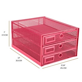 Annova Desk Organizer Wire Mesh 3 Tier Sliding Drawers Paper Sorter/Multifunctional/Premium Solid Construction for Letters, Documents, Mail, Files, Paper, Kids' Art Supplies (Pink)