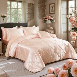 Chumerry Rich Satin Comforter Set Light Pink Pintuck Bedding Set King Size Bed in a Bag Extra Smooth Luxury Silk Like Silky Duvet Diamond Geometric Pinch Pleat Bed Set