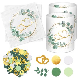 Pack of 20 Wedding Napkins + 12 Lanterns Table Decoration Wedding + 100 Confetti Scatter Decoration, Eucalyptus Wedding Decoration Table Green Gold Wedding Anniversary Decoration Set
