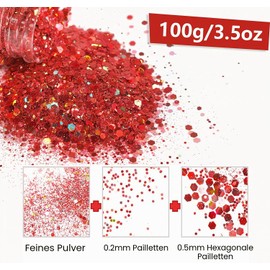 Red Chunky Glitter, 100 g Chunky Sequins and Fine Glitter Powder, Iridescent Glitter Flakes, Cosmetic Make-Up Glitter for Face, Body, Eyes, Party, Nail Art, Craft Glitter for Resin Epoxy