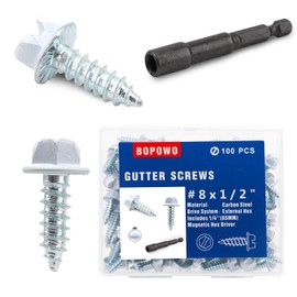 BOPOWO Self-Tapping Gutter Screws White Painted Slotted Hex Washer Head #8 x 1/2" Zinc Plated Finish, Includes 1/4" Magnetic Hex Driver - for Gutter Install