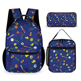 Fekroma Colorful Multi Pocket Backpack Set School Bookbag with Lunch Bag Lightweight Pencil Case Pouch Bag (Sport Fans Ball, One Size)