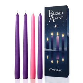 CANDWAX 12 Inch Advent Taper Candles Set of 4 - Long Burning Dripless Unscented Tapers - Perfect for Advent Wreaths, Christmas Décor - 3 Purple Tapers, 1 Pink Tapered Candle