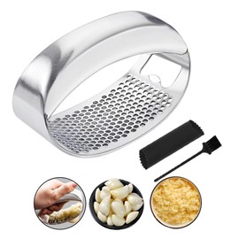 Hendiy Garlic Press Rocker,Stainless Steel Garlic Mincer and Garlic Crusher Set,New Innovative Garlic Chopper,Squeeze Garlic Tool with Peeler Garlic Peeler Tube and Cleaning Brush for Smashing Garlic