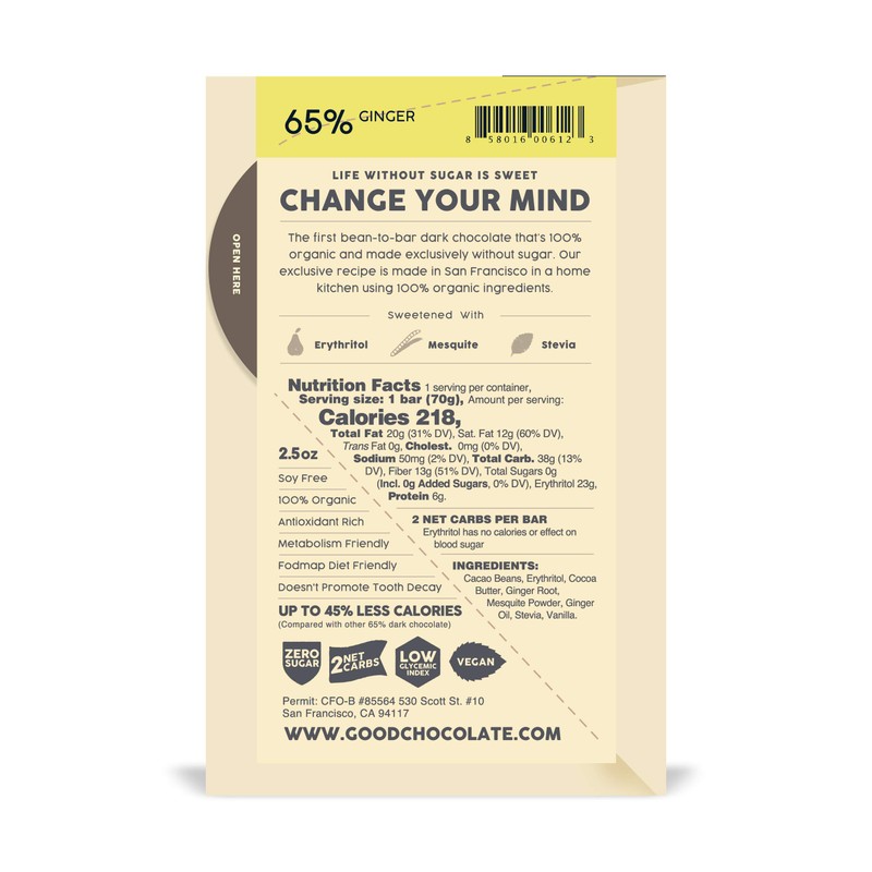 The Good Chocolate - Ginger Chocolate Bars, Zero Sugar, Lower