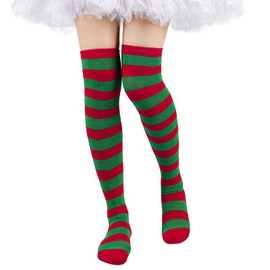DDLP Christmas Red and Green Striped Knee High Socks Size 6-9 Christmas Elf Thigh High Socks Candy Cane Socks for Women