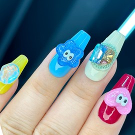 Ricefod Press on False Nails Handmade Colorful Cute Style Fake Nails 10 Pcs Reusable Coffin Nails Press on Nails Medium Length Suitable for Dopamine Girl, Size:Large