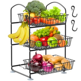 3 Tier Wire Baskets with 2 Banana Hangers, Detachable Countertop Fruit Vegetable Basket for Pantry Organization and Storage, Kitchen Counter Basket Stand for Storage Potato Onion Bread Snack Veggie