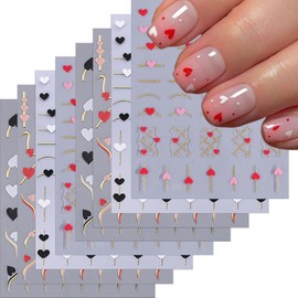 LBPEPAMZ 8Sheet Valentine's Day Nail Stickers Pink Red Heart Nail Art Stickers Gold Line White Black Love Heart Nail Supplies for Nails Art Manicure Decor 3D Self-Adhesive Gold Glitter Nail Decals