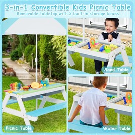 Costzon Kids Picnic Table with Sensory Bins, 4 in 1 Sand and Water Table with Height Adjustable Umbrella, Removable Tabletop for Outdoor Backyard Patio Play