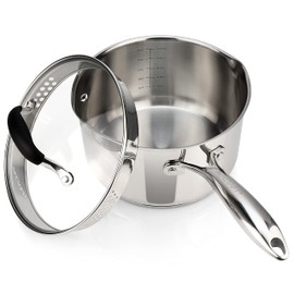 AVACRAFT Stainless Steel Saucepan with Glass Lid, Strainer Lid, Two Side Spouts for Easy Pour with Ergonomic Handle, Multipurpose Sauce Pan, Sauce Pot (5-Ply Capsule Bottom, 3.5 Quart)