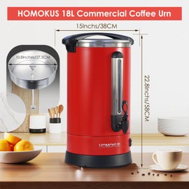 HOMOKUS Commercial Coffee Urn,120 Cup Commercial Coffee Maker,18L Double Wall Stainless Steel Large Hot Coffee Dispenser Hot Water Urn,1500W Quick Brew Electric Coffee Percolator (Red)