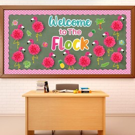 3D Summer Pink Flamingo Bulletin Board Set Decorations for Classroom Welcome to The Flock Cutouts Wall Decals Flamingo Themed Party Supplies for Tropical Hawaiian Birthday Party School Home Favor