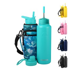 FAHRMOSIS 40 Oz Water Bottle with Straw & Holder Strap | Insulated Water Bottle Water Jug Includes 3 Lids Water Bottles | Stainless Steel Water Bottle for Men & Women - Teal