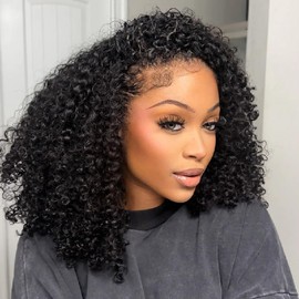 ISEE Half Wig Human Hair Glueless Wigs Upgrade 3 IN 1 Half Wig With Drawstring Seamless Clip Ins Flip Over Kinky Curly Human Hair No Glue No Lace For Women 180% Density 24 Inch