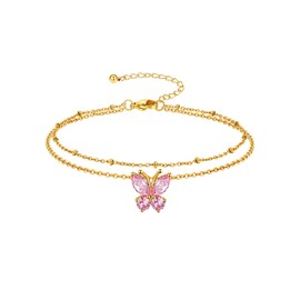Richsteel Butterfly Birthstone Ankle Bracelets for Women, Waterproof Adjustable Anklet for Women, Gold Plated Layered Anklets, Summer Beach Anklet Jewelry for Women Gift