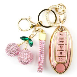 Sparkly Gold Pink Key Fob Cover with Cherry Keychain for Nissan
