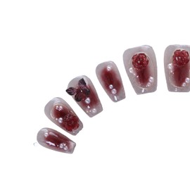 PN-019 Press-On Nails Lacquered 10 Pieces Reusable False Nails Rose Butterfly Rhinestones Glitter Pink Red
