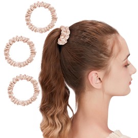 OLESILK Set of 3 100% Silk Hair Bobbles Small Scrunchies Hair Accessories Braid Elastic Hair Bands Rubber Bands Peach Pink