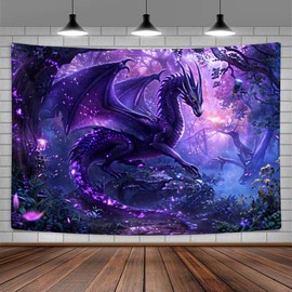 Bcsewcg Trippy Purple Dragon Tapestry, Magic Forest Tapestry for Bedroom Aesthetic, Medieval Fantasy Animals Cool Dragon Tapestry Wall Hanging for Men,Boys, Living Room Dorm Decor