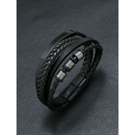 Textiles 4 Home Mens Leather Bracelet Four Layer Braided Leather Fashion Wristband Magnetic Clasp Gift Boxed (Black)