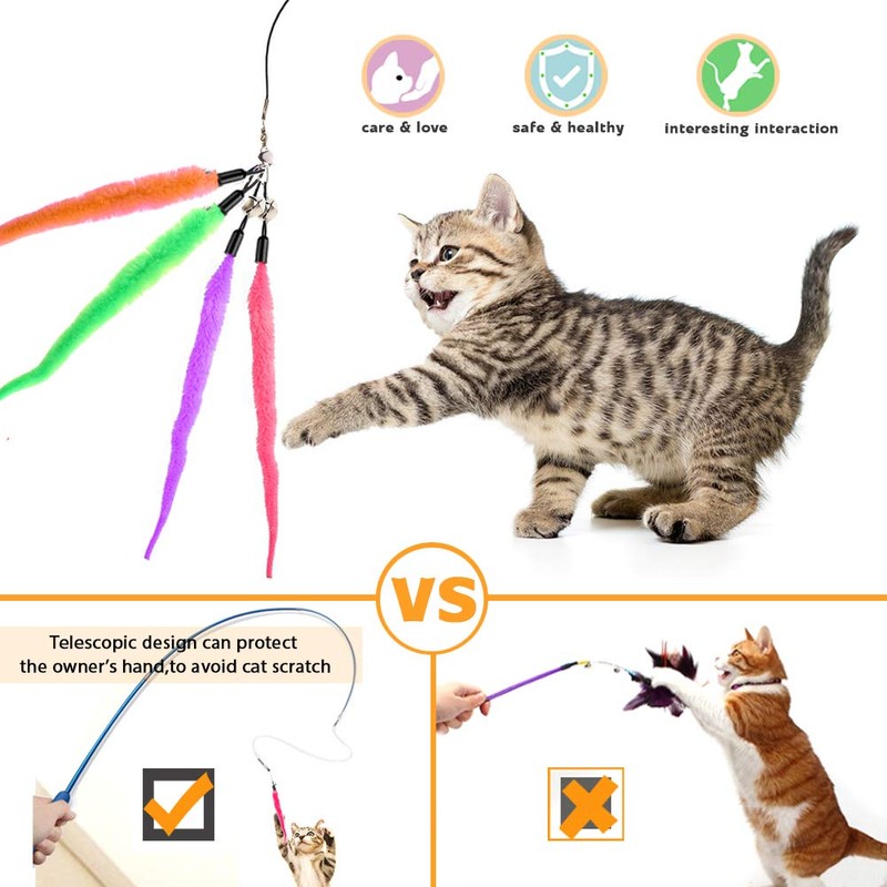 Retractable Cat Wand, Interactive Catcher Teaser Cat Toy 3-Section Teaser