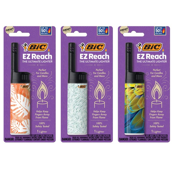 BIC EZ Reach Candle Lighter, The Ultimate Lighter with Extended Wand for Grills and Firepits (1.45-inch), Home Decor Design, 3-Pack (Assortment of Designs May Vary)